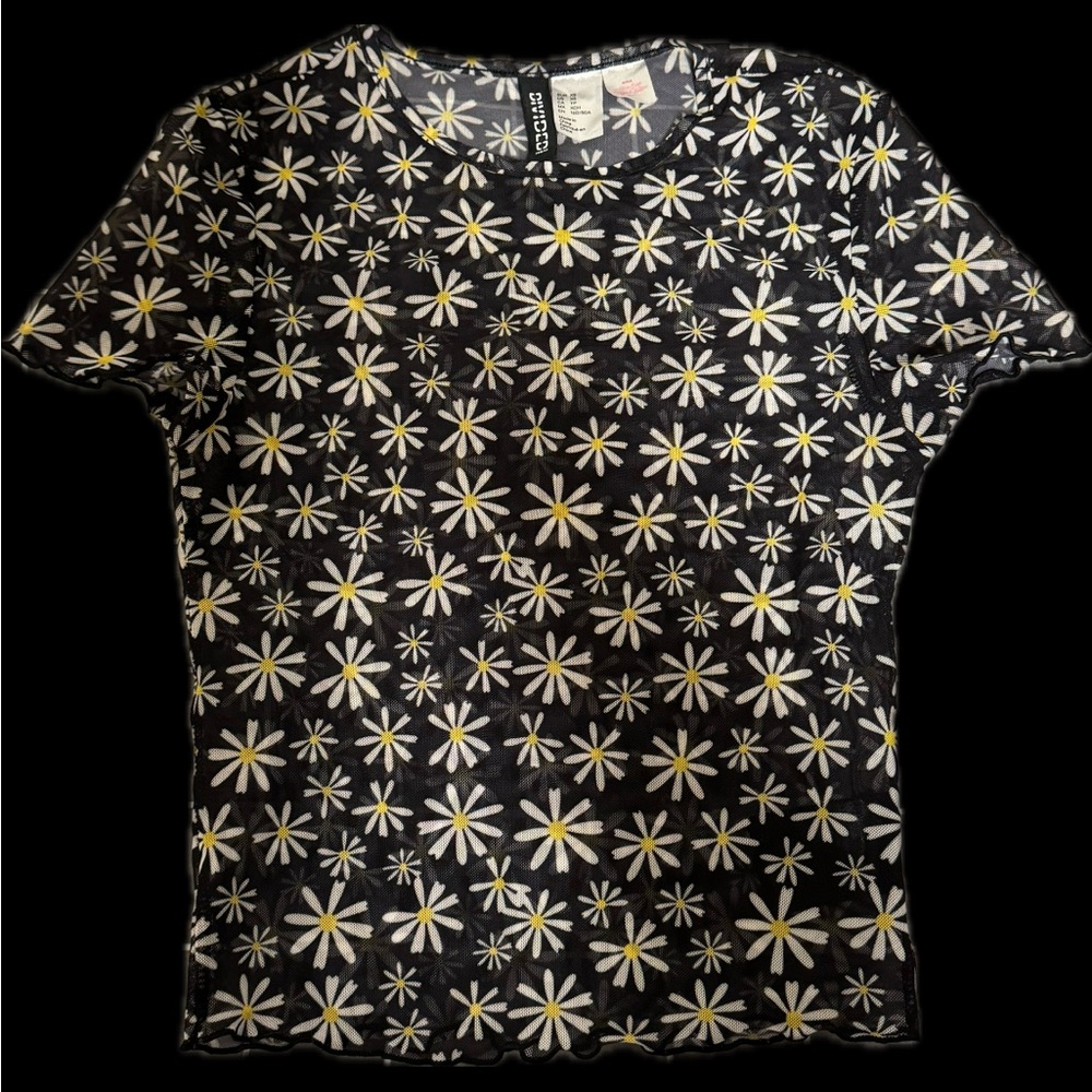 Black Daisy Print Mesh Top